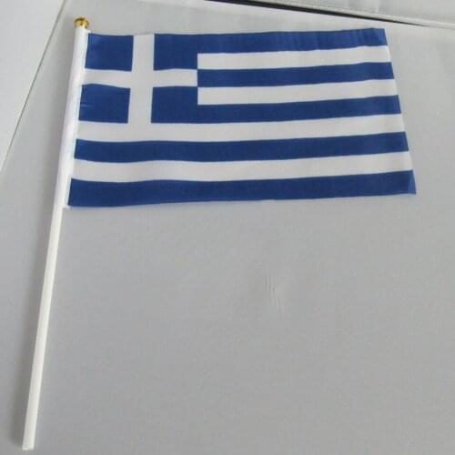 50PCS/LOT 14 X21 CM Greek Flag Polyester standard Flag hand waving flags Greece Flag with Plastic Flagpoles