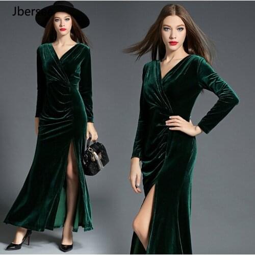 Velvet Party Dress Female V Neck Vintage Dress Plus Size Spring Autumn New Women Elegant Floor-Length Dress Vestidos YZ5128