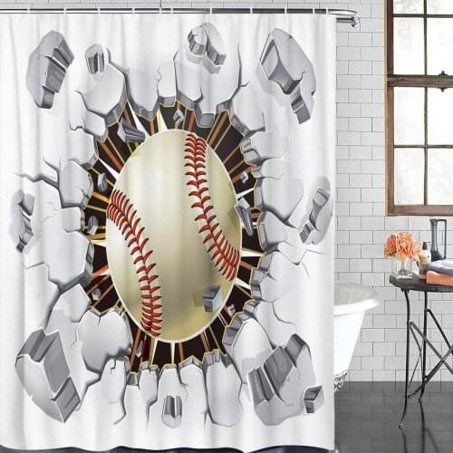 Baseball Round Rock Building Sports Bath Curtains Waterproof Washable Bathroom Shower Curtain Screen with Hooks Accessories