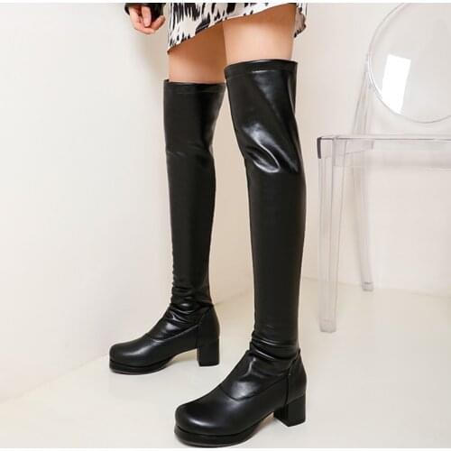 Fashion Thigh High Boots Women Platform Sexy Soft Stretch Over-the-Knee Boots Round Toe Slip-on Long Shoes Female Large Size 48