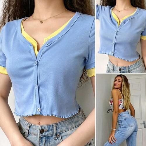 Womens Fake 2 Piece Cardigan Short Tops Womens V-Neck Casual Short Sleeve Blue