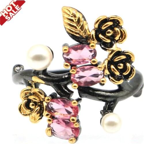 20x17mm Gothic Vintage Created Pink Morganite White Pearl for Girls Black Gold Gothic Unique Jewelry Dropship Silver Rings