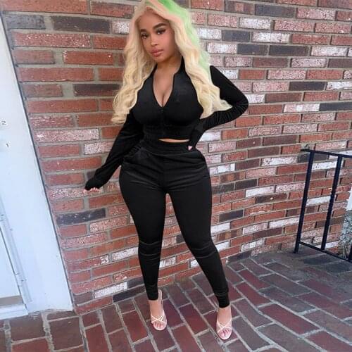 TNNAOFF Fall Winter Velvet 2 Piece Tracksuits Women Set Long Sleeve Zip Short Tops Sexy Pocket Skinny Elastic Pants Club Outfits
