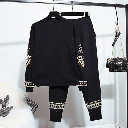 Fashion Beading Knitted Tracksuits Women 2 Piece Set Loose Casual Black Long Sleeve Knit Sweater Pencil Pants Outfits 2pc Female