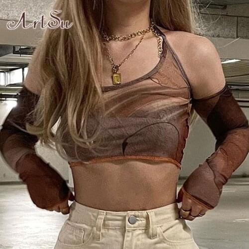 ArtSu Harajuku Tops Off the Shoulder Y2K Fashion Sexy Crop Top Women Vintage Backless Tee With Sleeve Brown Halter Tops Corset