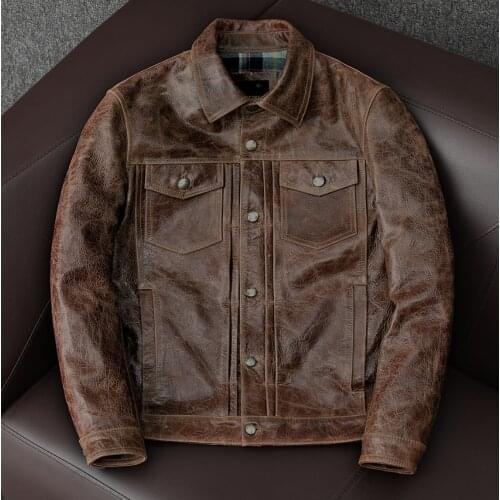 YR!Free shipping.oil batik brown cowhide jacket,Classic casual vintage leather clothes.Men slim genuine leather coat,quality
