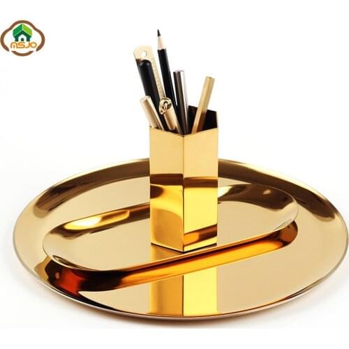 Msjo Trays Decorati Nordic Style Round Jewelry Storage Metal Snack Tray Metal Storage Gold Decoration Home Makeup Organizer