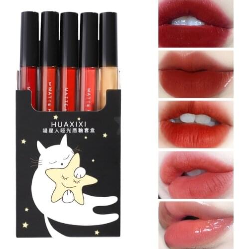 Huaxixi 5 Colors Matte Liquid Lipstick Lip Glaze Moisturizing Lip Oil Waterproof Long-lasting Silky Lip Gloss Lip Makeup TSLM2