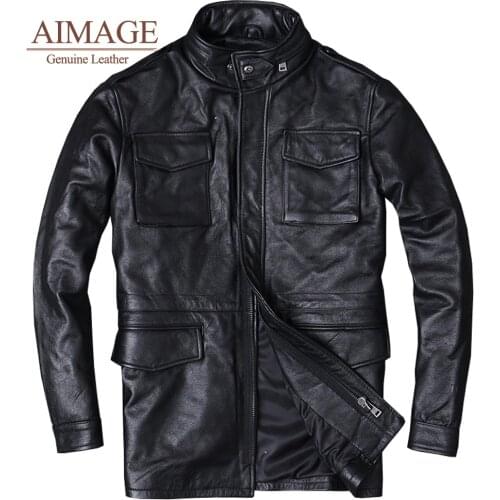 100% real Genuine Leather jacket mens motorcycle stand-up collar head layer cowhide enlarged mid-length windbreaker jacket coat