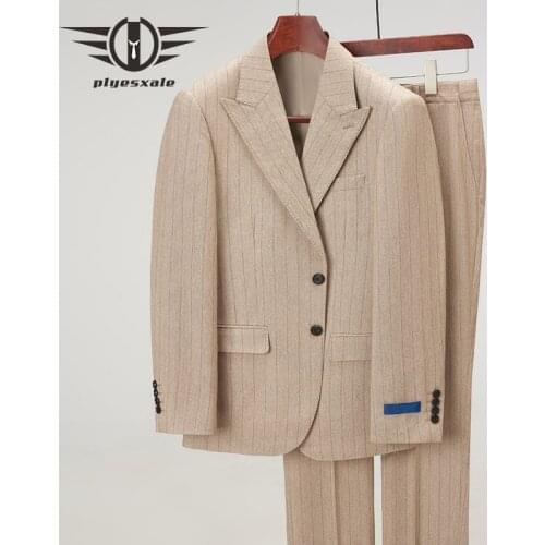 Plyesxale Slim Fit Mens Striped Suits High Quality Wedding Suit For Men 2021 Costume Homme Mariage Dark Grey Jacket+Pants Q1136