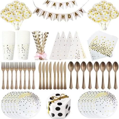 White gold Dots Theme Disposable Tableware Set Napkins for plates Paper Cup Baby Shower kids Birthday Decorations Party Supplies