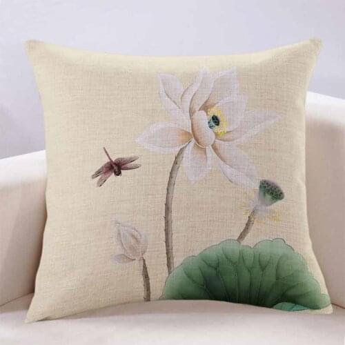New Chinese Style Pillow Cushion Living Room Sofa Beige Lotus Pillowslip Linen Material Back Pillow Case