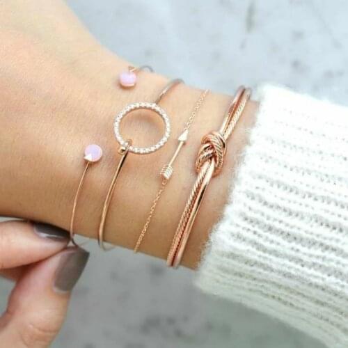 New Fashion Popular Double Knot Arrow Round Crystal Opening Bracelet Combination Set Female Accessories
