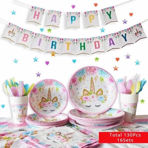 Unicorn Birthday Party supplies Disposable Tableware Kit Unicorn Balloon Cups Plates Napkin kids birthday gift baby shower girl