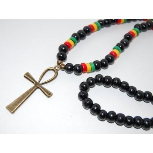 Ankh Cross Necklace,Wood Necklace,Bronze Ankh Cross,Rasta Necklace