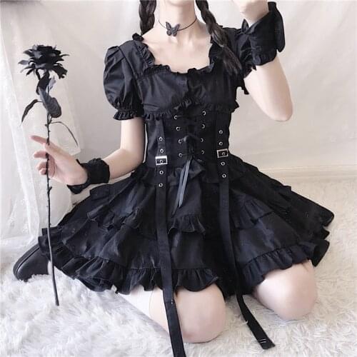 Lolita Dress Victorian Renaissance Black Gothic Japanese Girl Vintage Punk Style Puff Sleeve Bandage Mini Dress Women Dresses