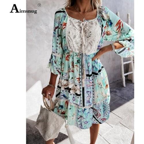 Women Knee-Length Dress Bohemian Patchwork Lace Flower Print Summer Beach Dress Three Quarter Sleeve Ladies A-line Dresses Femme
