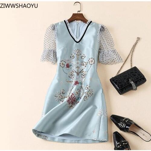 ZIWWSHAOYU Fashion Women Summer Elegant Knee-Length Dress Frills V-Neck Dots Ruffles Half Sleeve Crystal Floral Print Slim Dress