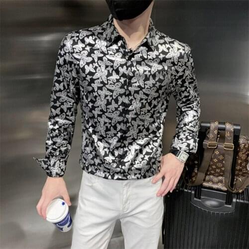 Autumn New Mens Butterfly Printed Long Sleeve Luxury Shirt Men Vintage Slim Fit Hawaiian Casual Shirts Tops Camisas Para Hombre