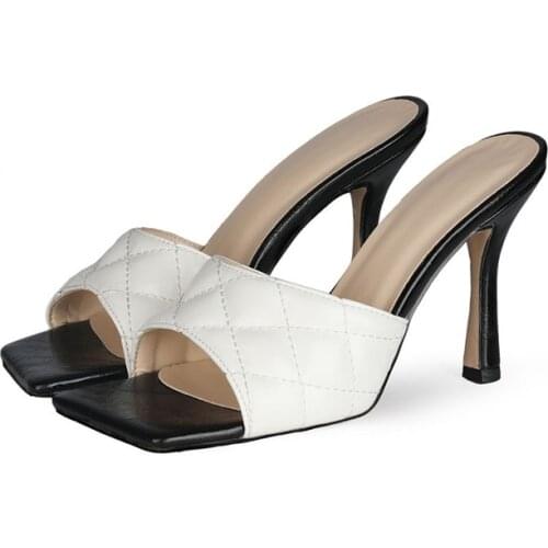 White Leather Summer Slippers Women Square Toe Sandal Slides Sewing Plaid High Heel Street Style Shoes Comfotable Slide Shoes