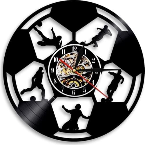 Modern Soccer Wall Art Clock with LED Light Soccer Football Ball Design Silhouette Vinyl Record Wall Clock Gift For Soccer Lover