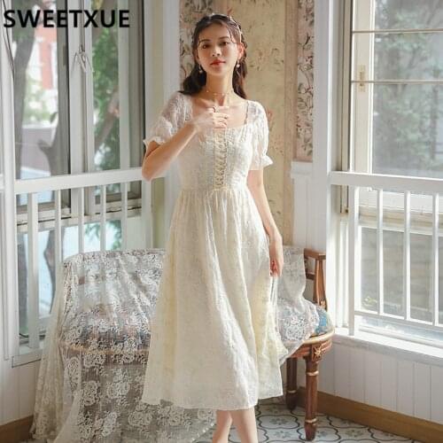 SWEETXUE Short Sleeve Elegant Dress Women Square Collar Embroidery Chic Vestidos Party Fairy Dress Female Kawaii 2021 Summer
