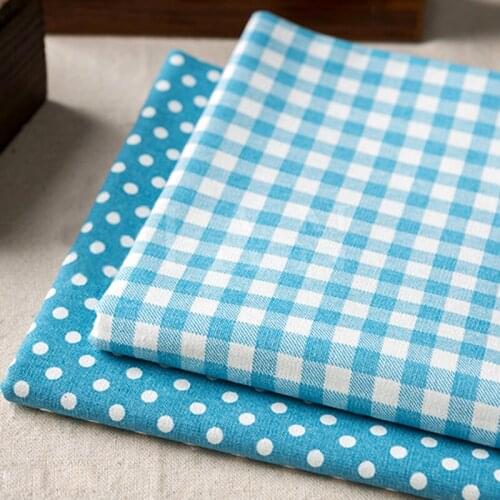 50*150cm blue printed plaid and dots cotton linen fabric by half meter DIY sewing home textile curtain cotton fabric