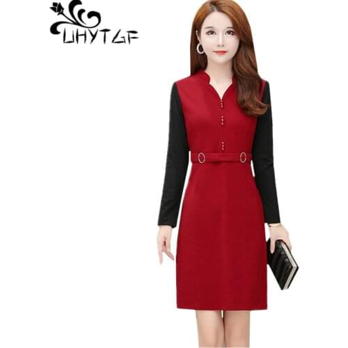 UHYTGF Spring dress womens fashion V-neck pullover bandage dress mid-length slim female autumn dress 5XL plus size dresses 785