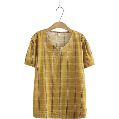 Plus Size 2XL-5XL Womens V-neck Plaid Summer Tshirts Short Sleeve Vintage A-line Tops Large Size OL Shirts