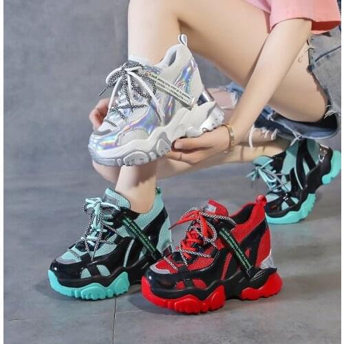 White Sneakers High Heels Shoes Women Autumn Thick Bottom Platform Height Increasing Woman Silver Casual Zapatos De Mujer