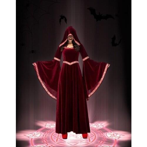 Women Witch Vampire Halloween Wizard Clothing Retro European Court Dress Halloween Costume Wine Red hooded Skirt Cosplay Costume