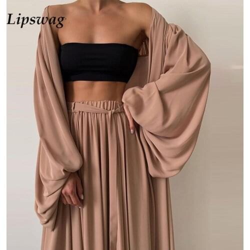 Women Fashion Solid Color 3 Piece Sets Homewear New Casual Lantern Sleeve Cardigan Tops+Wide Leg Pants Suits Ladies Soft Outfit