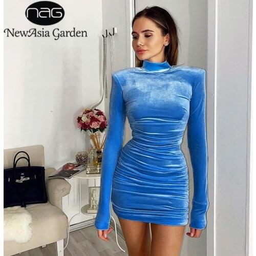 NewAsia Autumn Women Dress Solid Long Sleeve Turtleneck Sexy Slim Fit Ruched Shoulder Pad Dresses Lady Beach Club Party Clothes