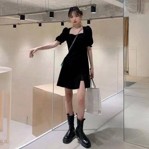 French split black dress womens 2021 summer new slim waist style Hepburn style bubble sleeve skirt