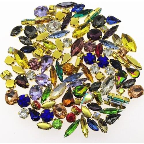 100pcs Mix colors sizes shapes Sew On Stones Sewing Glass Crystal Beads with gold-claw setting For jewelry,dress decoration