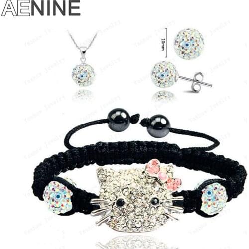 AENINE Jewelry New Style Cute Cat Rhinestone Jewelry Sets Micro Pave CZ Disco Ball Beads Crystal Jewelry Sets For Women SHSE41