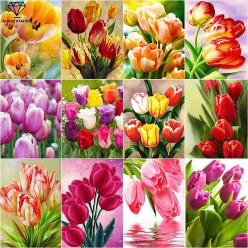 XUEQIXAOZU 5D DIY Diamond Painting Tulips Flower Diamond Embroidery Full Round Drill Cross Stitch Mosaic drawing Sale Home Decor