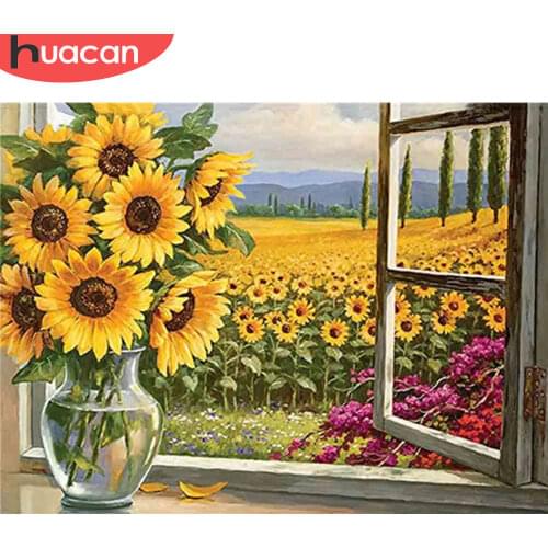 HUACAN Diamond Painting 5d Sunflower DIY Mosaic Vase Full Square/Round Diamond Embroidery Flower Home Decor Craft Kit