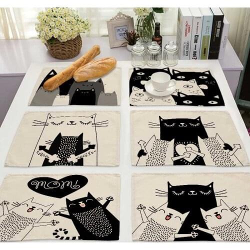 Bkack Christmas Cat Pattern Cotton Linen Pad Dining Table Mats Coaster Bowl Cup Mat Pattern Kitchen Placemat Home Decor ML0016