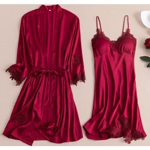 Satin Kimono Bathrobe Robe Women Nightwear 2pcs Sleepwear Soft Sleep Set Spring New Night Wear Intimate Lingerie Lace Homewear