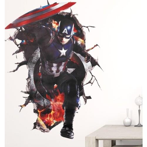 The Captain America Avengers Superheroes 3D Through Wall Stickers for Kids Boys Room Decoration Poster Wallpaper