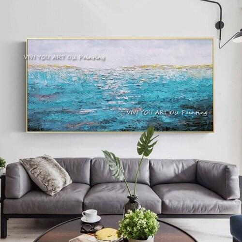 Natural Abstract Ocean Blue Landscape Oil Painting Canvas Cuadros Handmade Scandinavian Wall Art Picture for Living Room