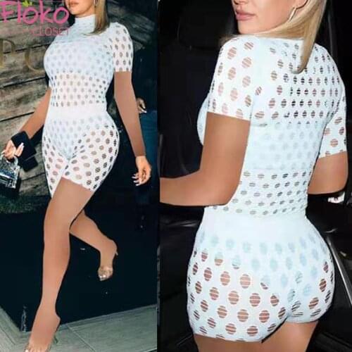 Flokocloset Sexy Hole Mesh Street Sports Suit Women Two Piec Set Shorts Set Summer Short SleeveHigh Collar Joggers Biker Shorts