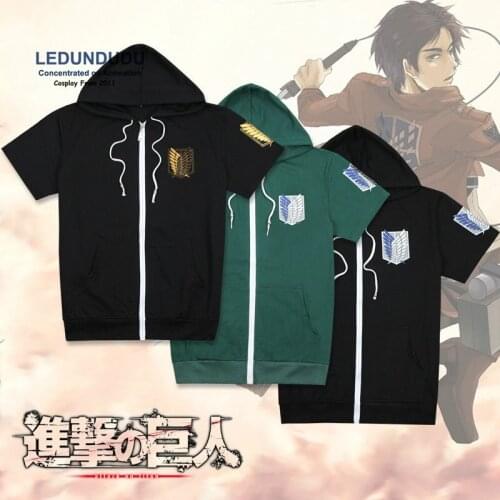 Hot Anime Attack on Titan Cosplay Costumes Eren Men Short Sleeve Coat Survey Corps Jackets Fancy Summer Outfit Zipper Hoody