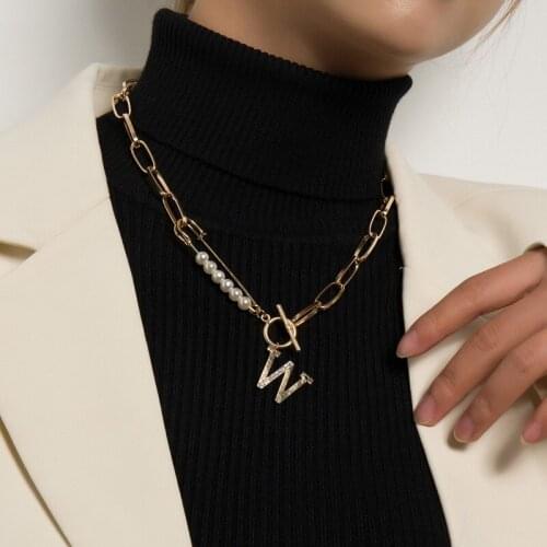 Punk Creative Thick Chain Pearls Letter W Pendant Necklace for Women Fashion Geometric Sweater Clavicle Necklace Jewelry Gift