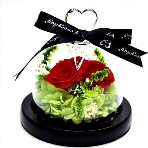 Glass Bottle Cover Black Wood Base Eternal Preserved Flower Real Rose LED Home Decor Luxury Silk Giftbox Valentine Dropshipping