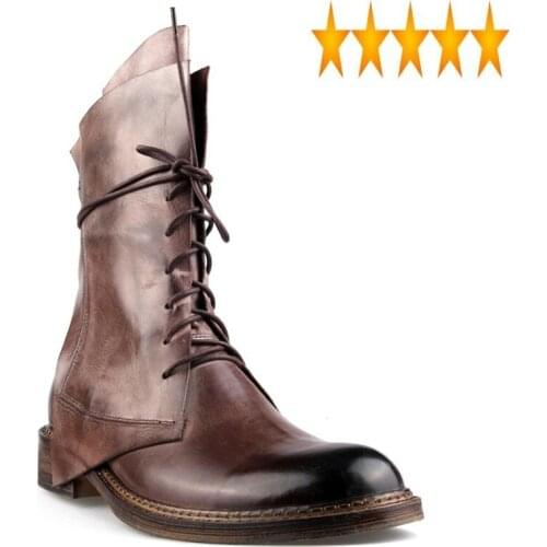 Leather Winter Men Cow Genuine Western Cowboy Riding Boot Block Med Heel Lace Up Work Safety Shoes Vintage Mid Calf Knight Boots