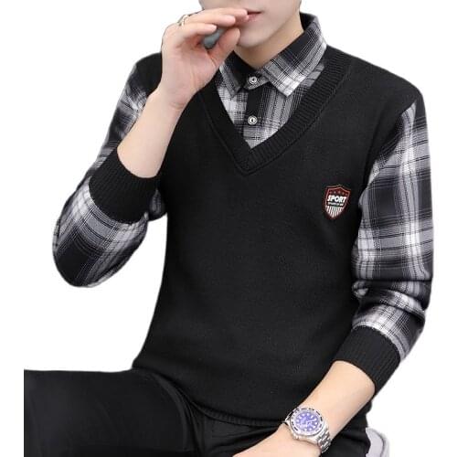 Mens Fake Two Knit Sweater Vest Jumper Patchwork Check Shirt Collar Korea Harajuku Young Jacket 16 Color 3XL