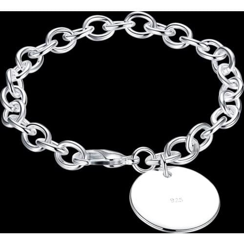 Wholesale Hot 925 sterling silver Round card Pendant Bracelets for mens women Wedding party Christmas Gifts fashion Jewelry