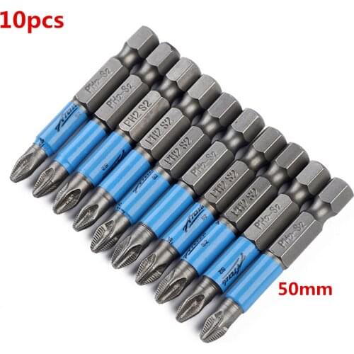 10pcs 50mm Single Head PH2 Phillips Tip Screwdriver Bit Set Hex Shank Anti Slip Electric Magnetic Screwdriver Bits